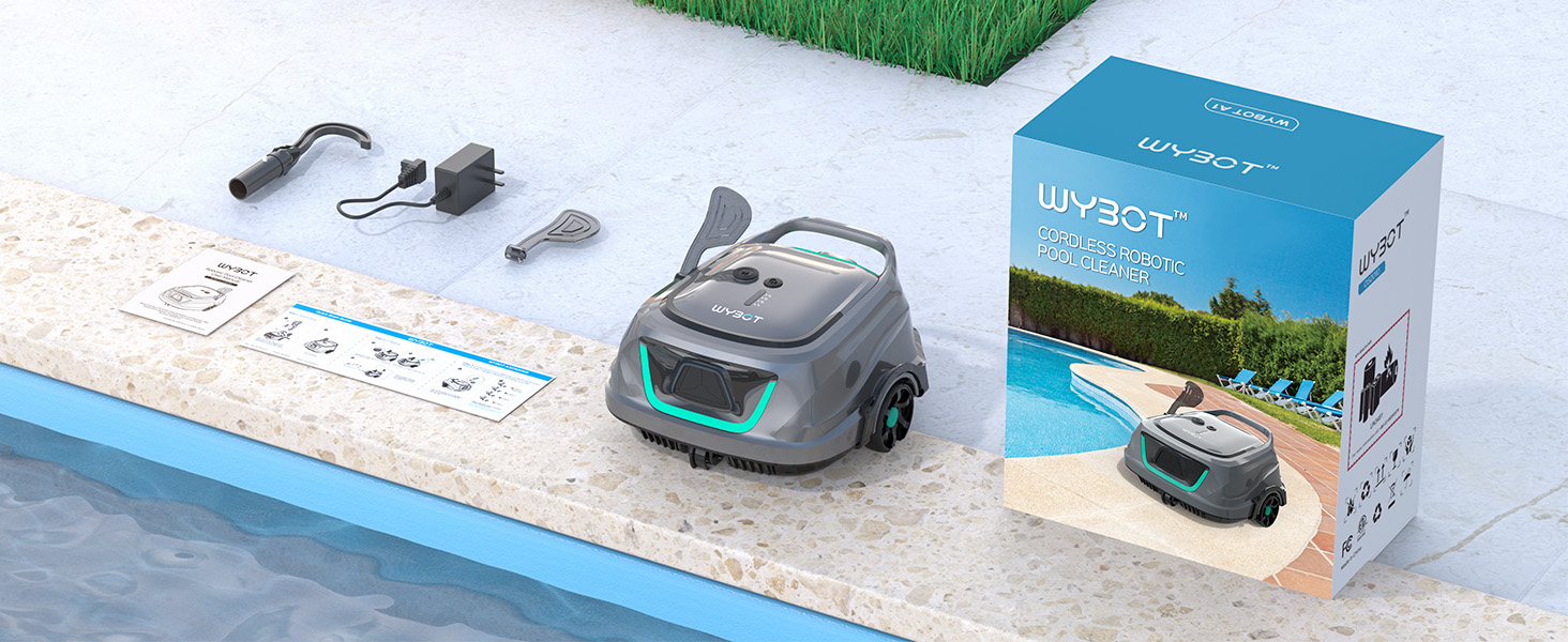 Робот-пилосос для басейну WYBOT A1 з акумулятором та подвійним фільтром - 120 хв тихої роботи для басейнів до 100㎡ | Енергозберігаюча система, бездротовий пилосос для басейну, сірий та зелений