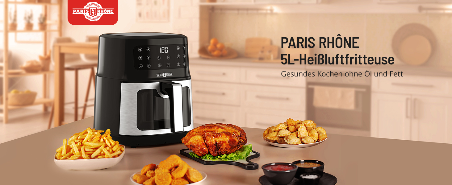 Аерофритюрниця PARIS RHÔNE XXL 5л з вікном, 8 функцій приготування, сенсорне керування, без олії, чорна