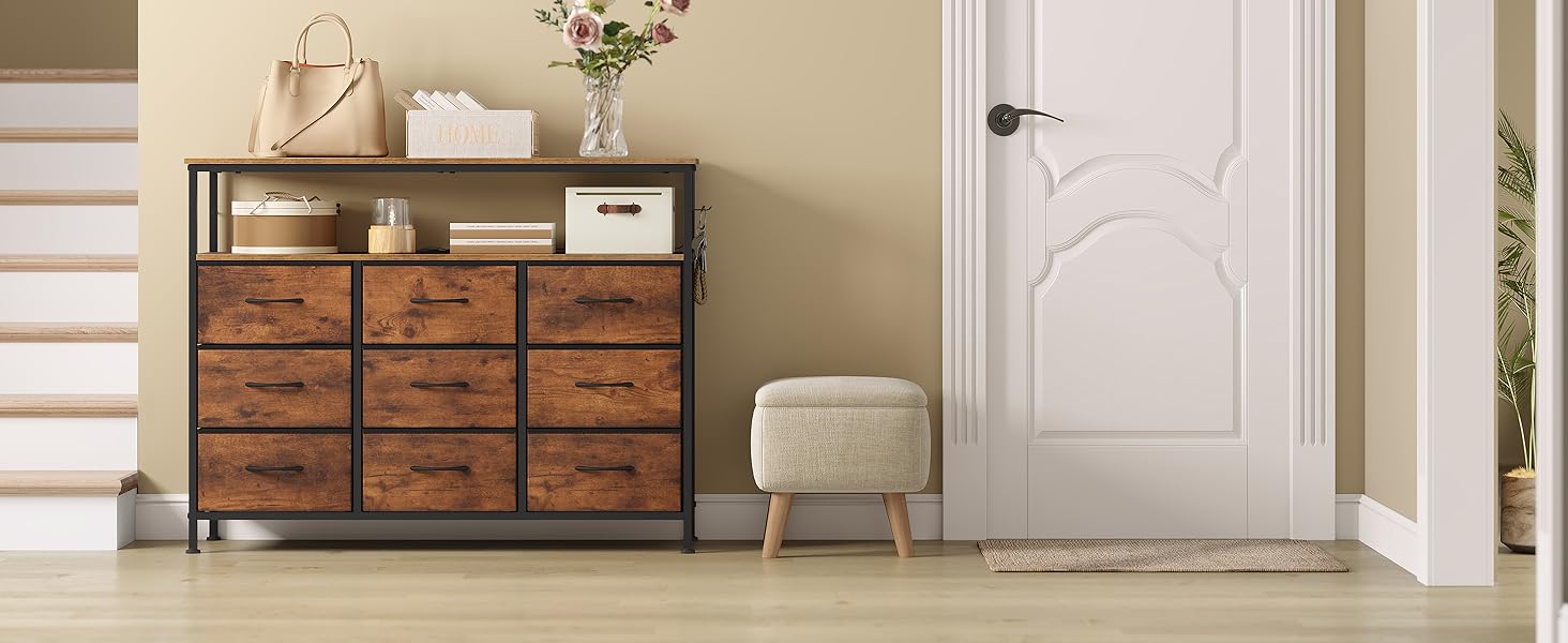 Комод WOLTU з 9 тканинними висувними ящиками, LED-підсвіткою та розетками, металевим каркасом, для вітальні, спальні, передпокою, рустикальний коричнево-чорний колір