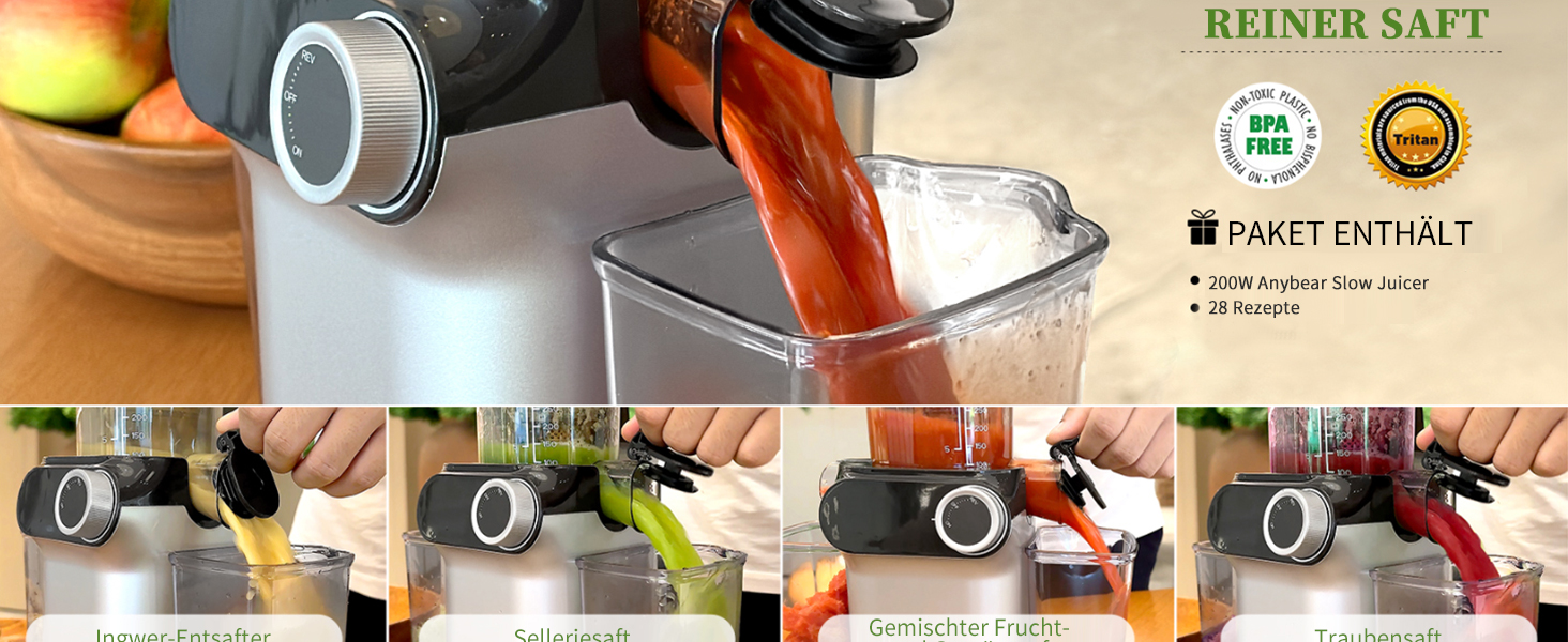 Anybear повільнодійний соковичавник 200W з великим завантажувальним отвором 110 мм | Покращена шнекова система | Tritan, BPA-free | Рецепти соків (срібний)