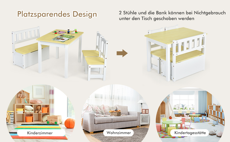 Дитяча меблева група COSTWAY з місцем для зберігання: стіл для малювання з 2 стільцями та лавка. Зроблено з екологічного дерева FSC, для дітей від 3 років (сірий/натуральний колір)