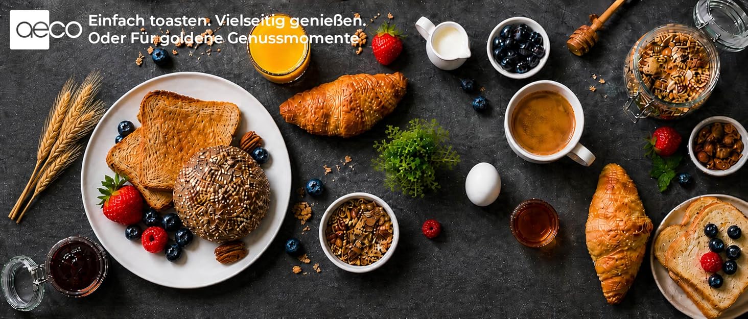 Тостер aeco toastlab Elite 2-слотовий з підставкою для булочок, широкі слоти, 6 рівнів підсмажування, 10 програм, 850W, LCD-дисплей, функція підняття, розморожування, піддон для крихт