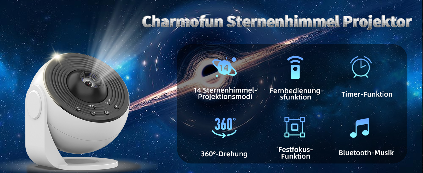 Проектор зоряного неба Charmofun 14-в-1 з пультом керування, планетарій та галактичний проектор для спальні з 15 мелодіями, обертання 360°, нічник для дітей та дорослих