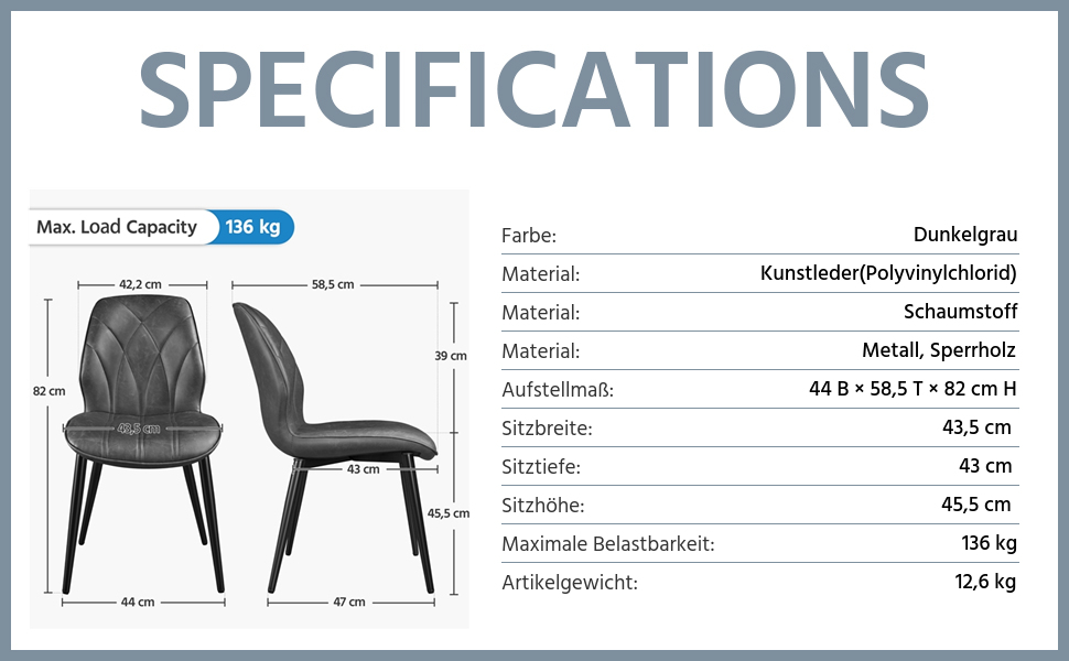Набір Yaheetech з 2 обідніх стільців, м'які, металеві ніжки, до 136 кг, темно-сіра штучна шкіра