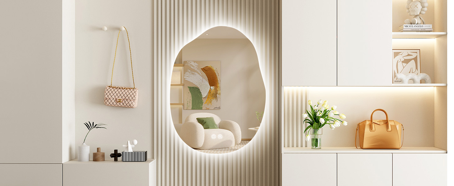 Дзеркало для ванної кімнати OUMUSU з підсвічуванням, арочне, без рами, 50x75 см. Антизапарник, сенсорне управління, регулювання яскравості, 3 кольори світла