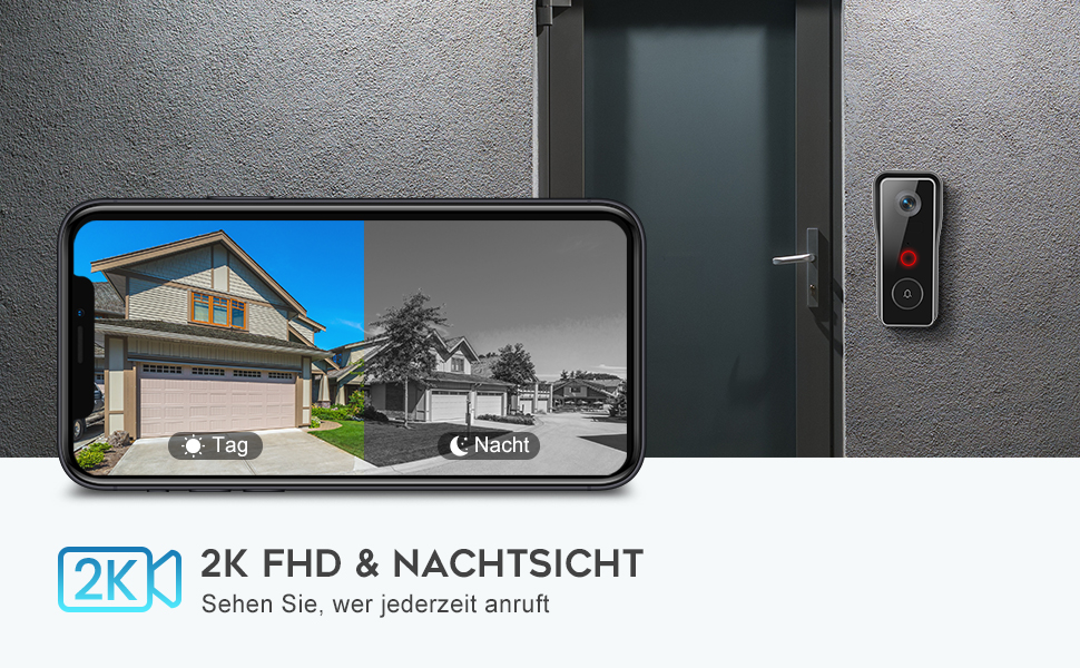 Відеодзвінок XTU з Wi-Fi, камера 2K HD, бездротовий, з гонгом, PIR-датчик, нічне бачення, 2-сторонній аудіо, підтримка SD/Cloud-пам'яті