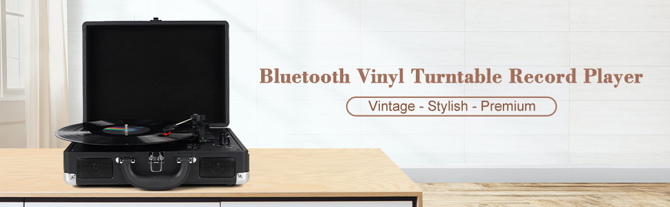 Вініловий програвач Bluetooth Vintage, 3 швидкості 33/45/78 об/хв, вбудовані стереодинаміки, RCA та AUX-вхід, чорний