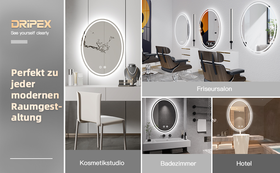Дзеркало для ванної кімнати Dripex з підсвічуванням LED, сенсорне керування, регулювання яскравості, 3 кольори світла, антизапарник, овальне, 50 x 70 см