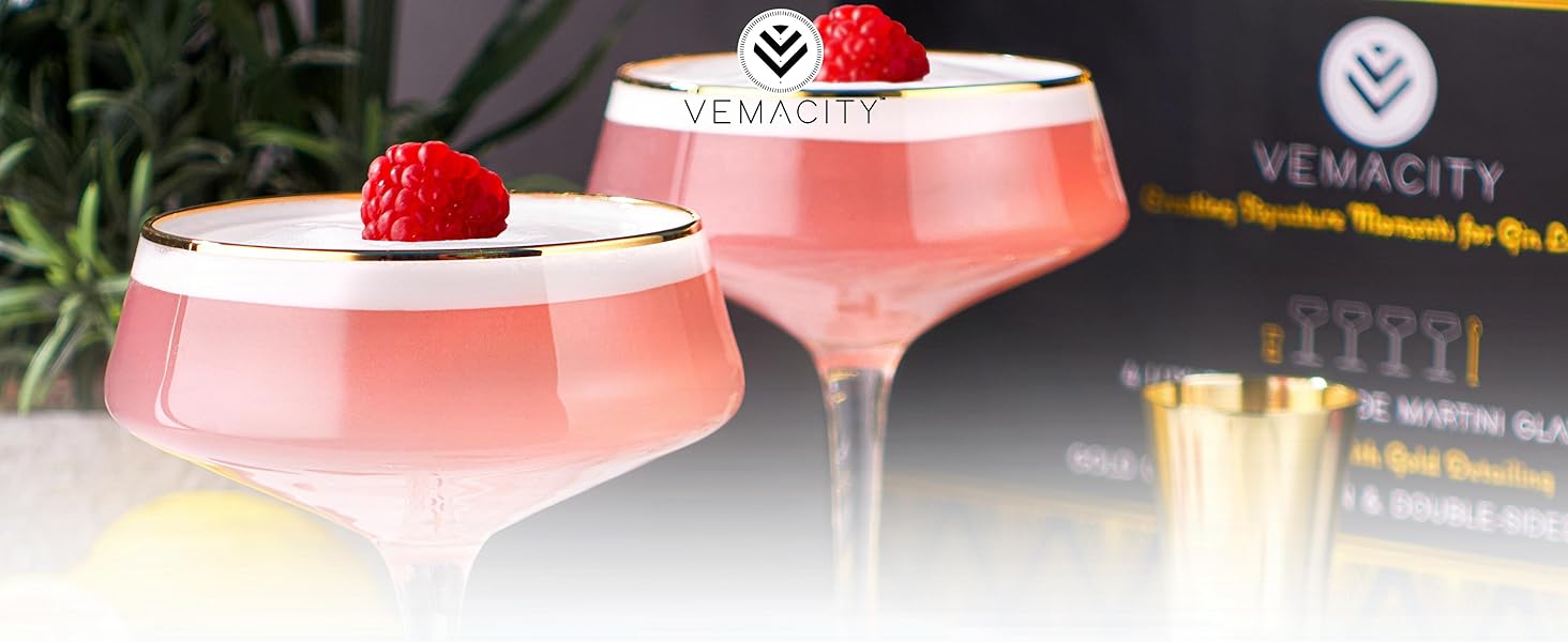 Набір келихів для мартіні Vemacity Elegante 4 шт. | Келихи для коктейлів ручної роботи | Ідеальні для шампанського та маргарити | Елегантні келихи-coupe з золотим декором