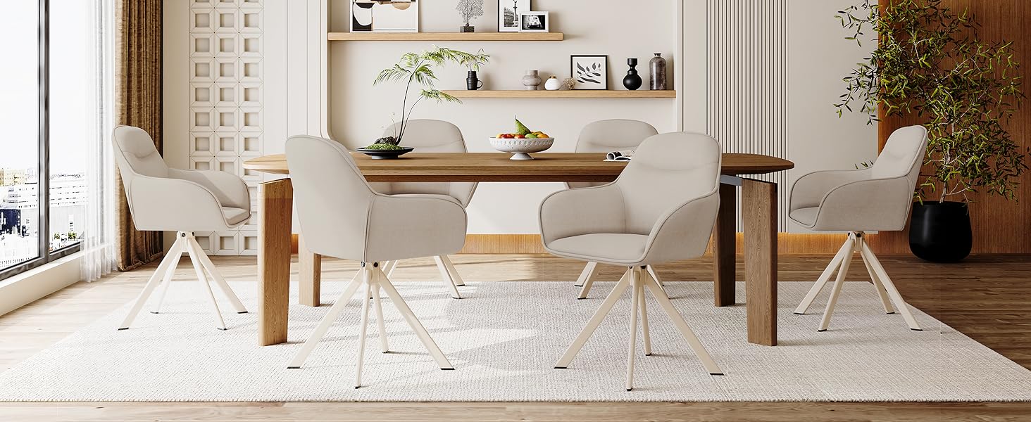 Обідні стільці поворотні з підлокітниками, комплект 6 шт, з м'яким сидінням з велюру, бежевий колір, для кухні та вітальні