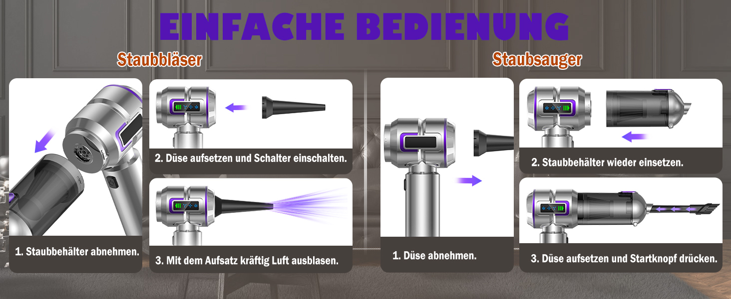 Акумуляторний ручний пилосмок 25000Па 100W з безщітковим двигуном, функцією видування та всмоктування, 6000mAh, 3 режими роботи, для авто, дому та офісу