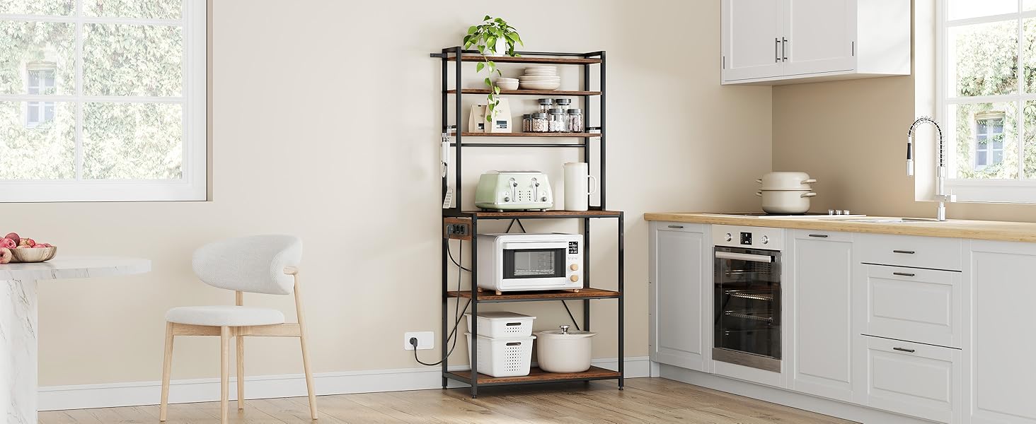 Кухонна полиця WOLTU з 6 ярусами, з розетками, для мікрохвильовки, з металевим каркасом, регульовані полиці, чорний+рустичний коричневий, 60 x 167 x 40 см (чорний+вінтажний коричневий, 80 x 39,5 x 167 см)