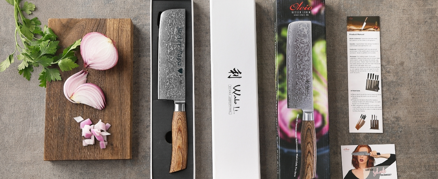Японський ніж Wakoli EDIB Pro Nakiri з дамаської сталі (серцевина VG10) 18 см – гострий, точний та ергономічний – ніж з пакавуд ручкою в подарунковій коробці – для овочів та зелені (з гравіюванням)