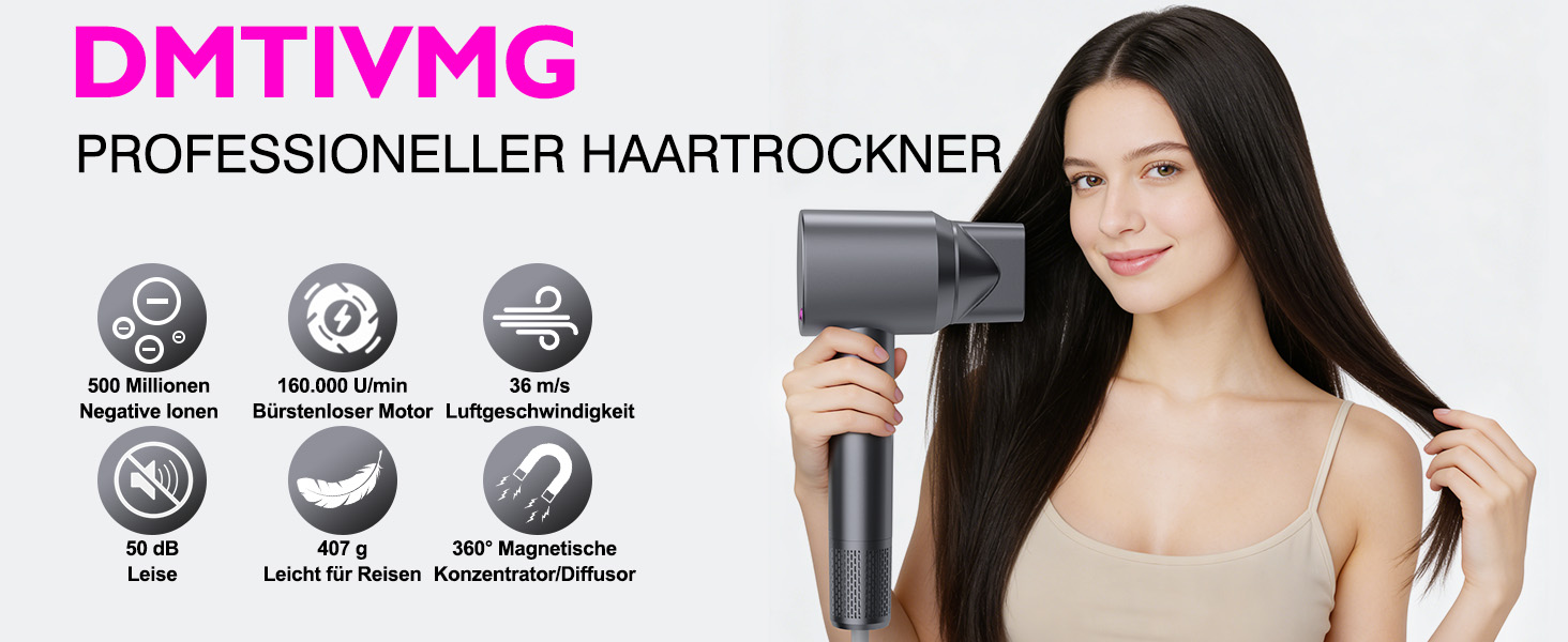 Іонний фен для волосся з високошвидкісним безщітковим двигуном 160 000 об/хв, 500 млн негативних іонів, 12 режимів, магнітна насадка, низький рівень шуму