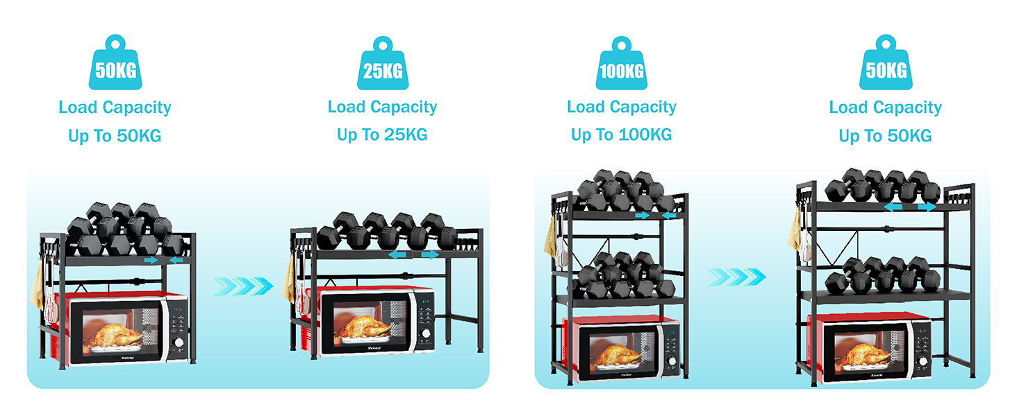 Регульована підставка для мікрохвильової печі, 2-рівнева розширювана, з вуглецевої сталі, з 8 гачками, чорна