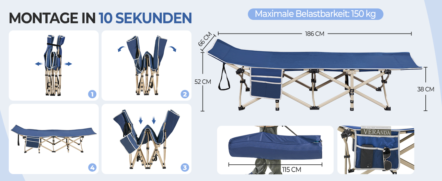 Розкладне кемпінгове ліжко Yaheetech для відпочинку та риболовлі, темно-синє, витримує до 150 кг, з кишенею та сумкою для транспортування