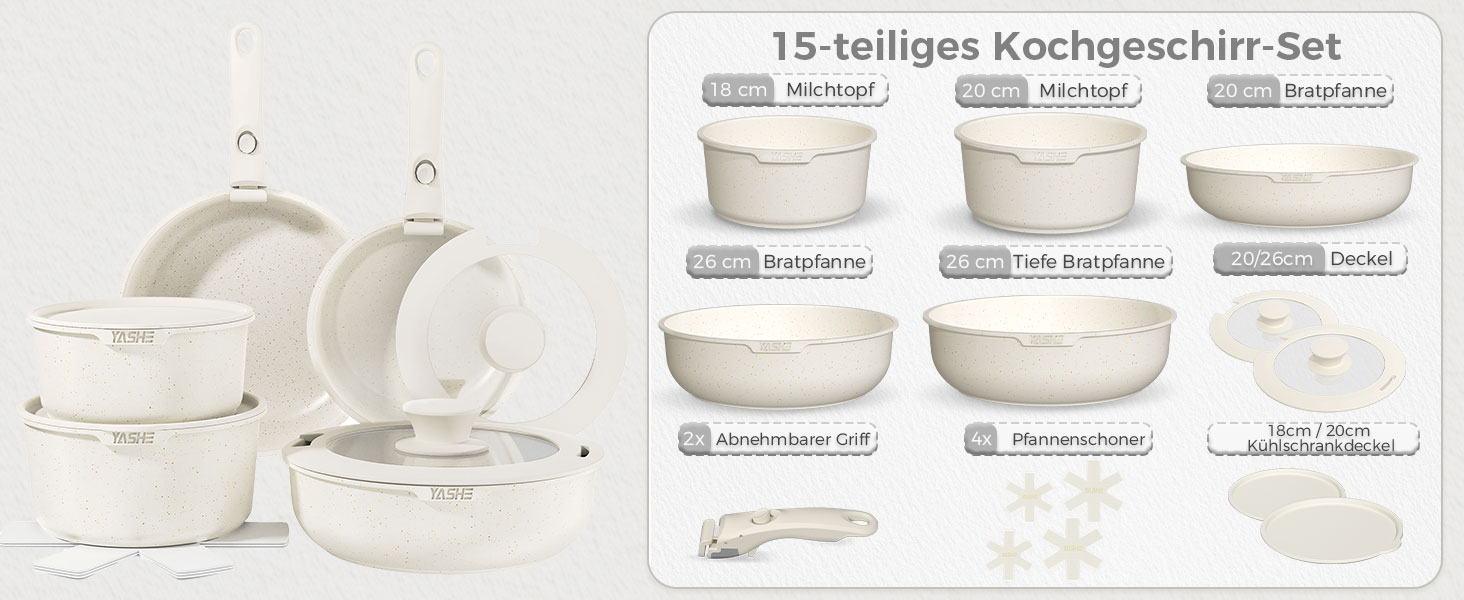 Набір кухонного посуду YASHE 15 предметів: каструлі та сковорідки з гранітно-покриттям, знімні ручки, стакеві, легко миються, сумісні з індукцією, газом та склокерамікою, білий