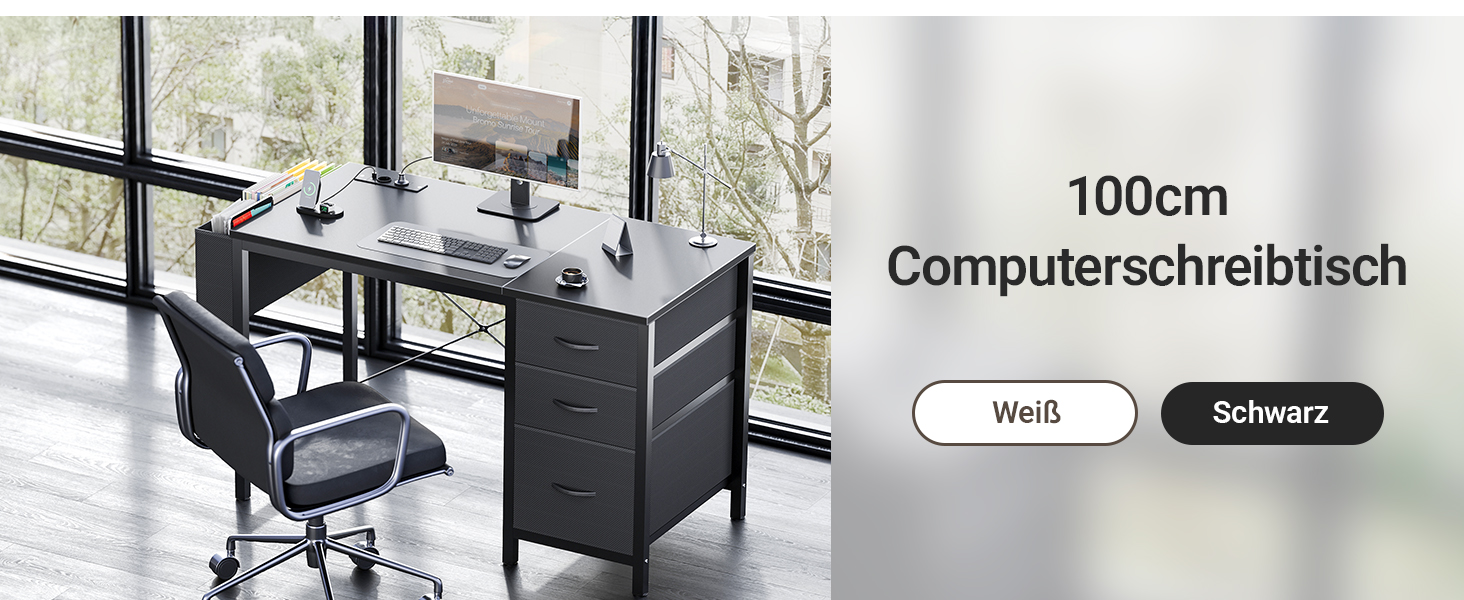 Комп'ютерний стіл Claiks з 3 шухлядами, 100x60 см, з розетками та USB, для дому та офісу, чорний