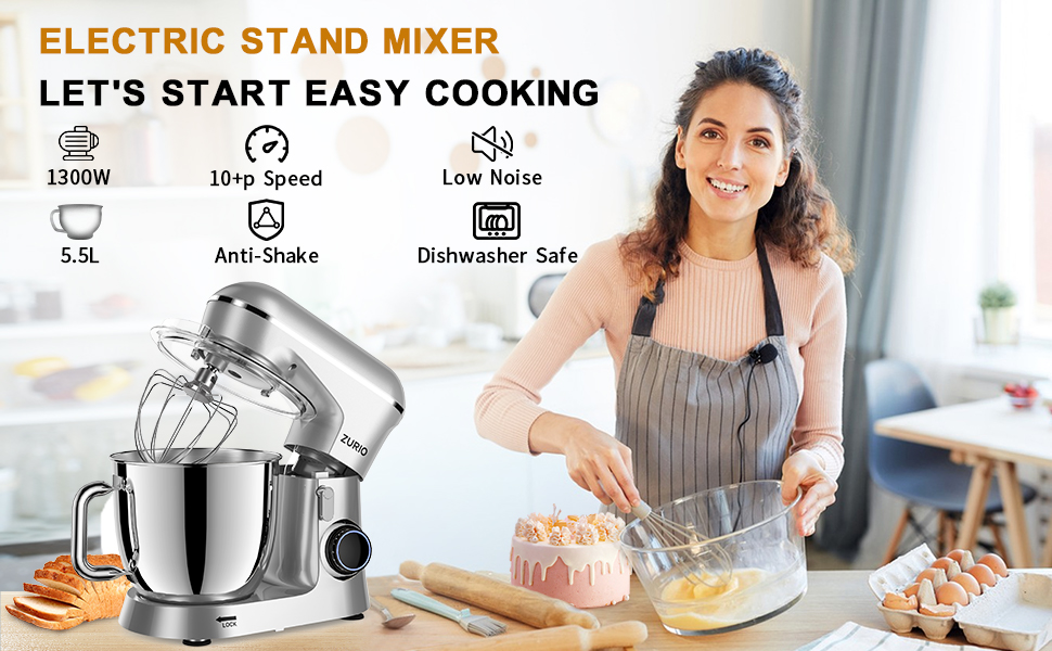 Кухонна машина Zurio 5.5L: міксер, планетарний міксер, 1300W, 10 швидкостей, з набором аксесуарів (крюк, вінчик, міксер)