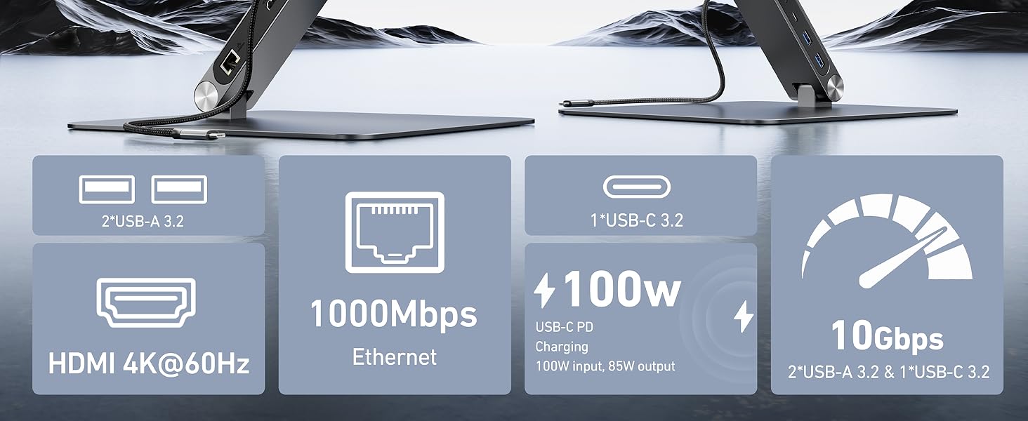 Підставка для ноутбука BENFEI з док-станцією USB-C 6-в-1: HDMI (4K@60Hz), Gigabit LAN, 100W Power Delivery, 10Gbps (1x USB-C 3.2 & 2x USB-A 3.2) – сумісна з MacBook Pro/Air, iPad Pro, XPS, ThinkPad