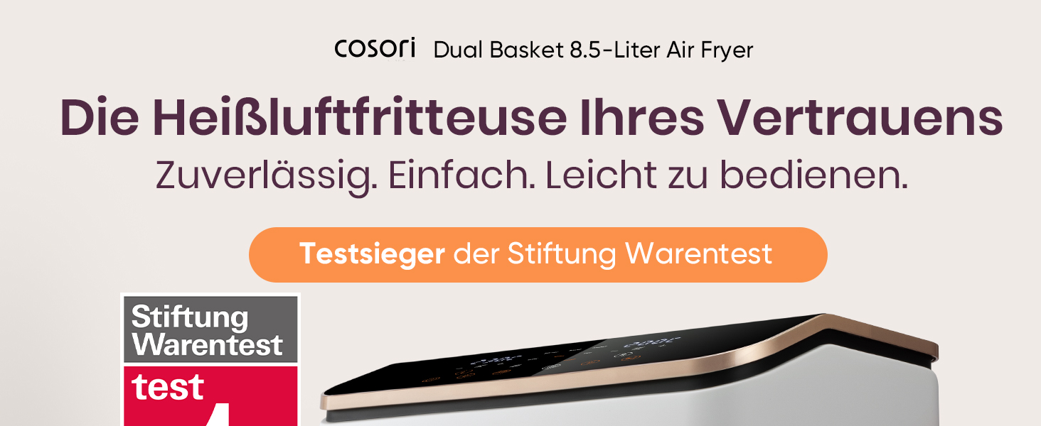 Фритюрниця без олії COSORI з 2 камерами, 8.5 л, чорно-біла, з рецептами та нержавіючою сталлю