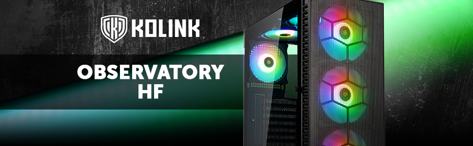 Корпус для ПК Kolink Observatory HF Mesh, 6 ARGB-вентиляторів, підтримка відеокарт до 330 мм, ATX, металева сітчаста передня панель, сталь, Mid-Tower, чорний