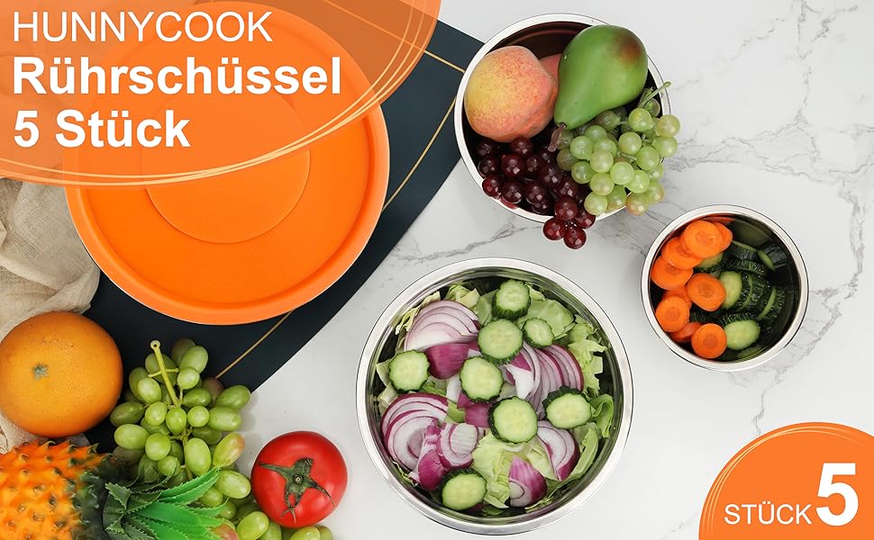 Набір мисок Hunnycook 7 шт. з нержавіючої сталі з кришкою, 5L, 4.5L, 4L, 2.4L, 1.7L, 1.25L, 0.8L, миски для салатів, стійкі до миття в посудомийній машині