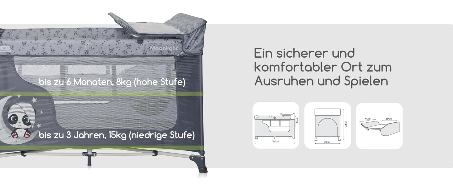 Дитяче ліжечко та манеж Lorelli 3 в 1, Moonlight 2 рівні з боковим входом, ліжечко від народження до 15 кг, складне дитяче дорожнє ліжечко зі вставкою для новонародженого, пеленальним килимком, коліщатками та сумкою, (сірий/світло-сірий)