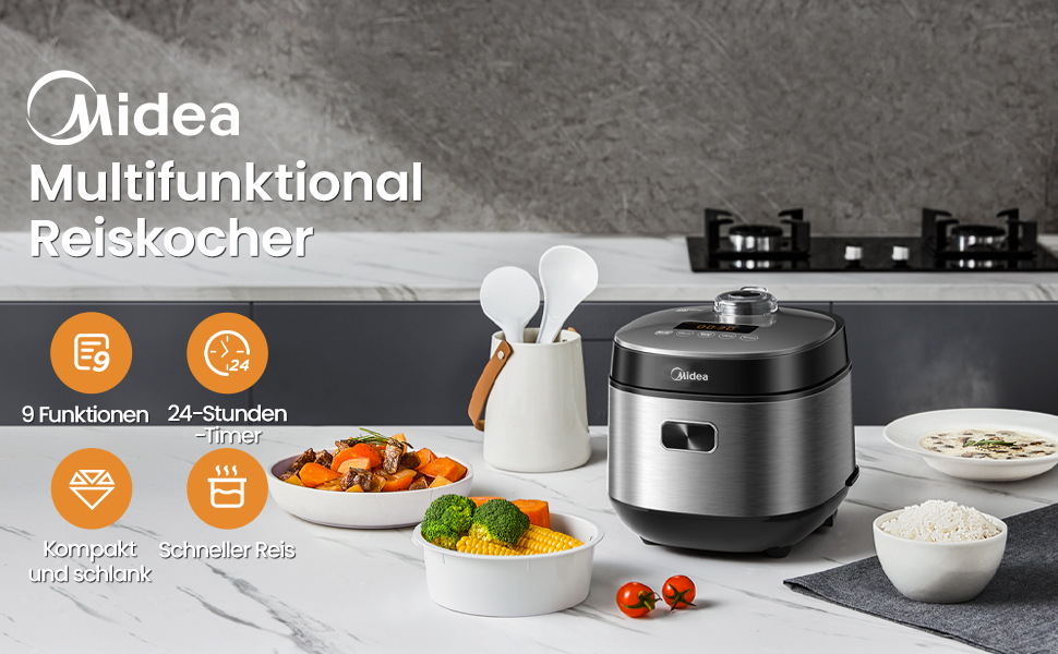 Мультиварка Midea Reiskocher 5 л: рис, суп, тушкування, повільне приготування, 11 програм, таймер, аксесуари, чорний/срібний