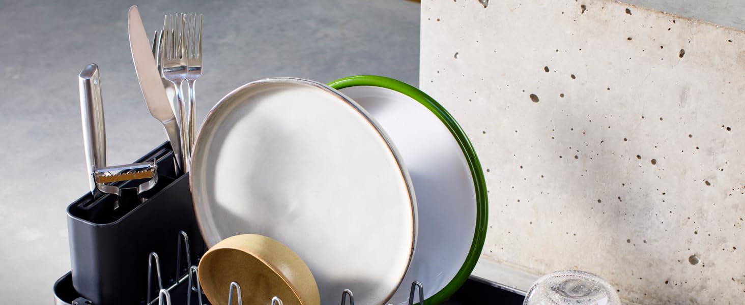 Сушарка для посуду Joseph Joseph Extend Slim з нержавіючої сталі, висувна, компактна, з підставкою для столових приборів та поворотним зливом, сіра