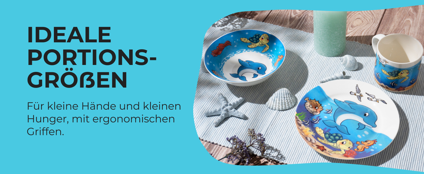 MIAMIO Набір дитячого посуду 3 шт. з порцеляни (Тарілка, Миска, Чашка) - Океан