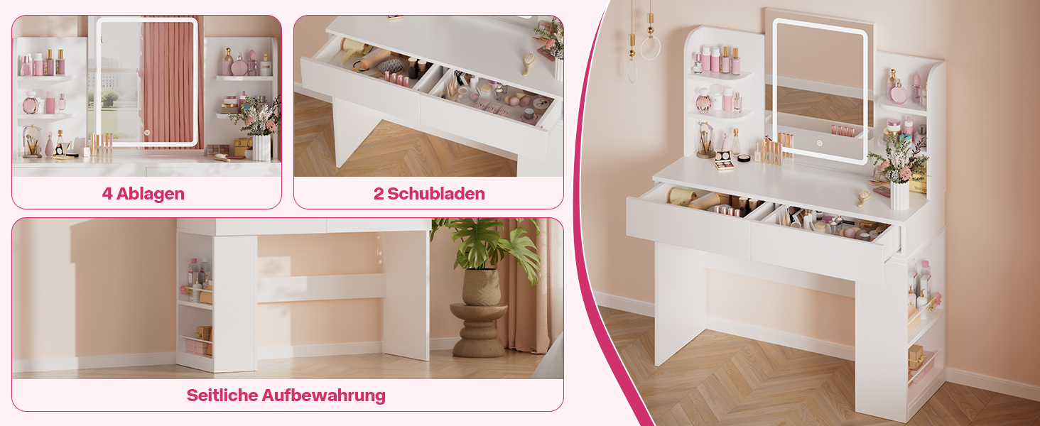 Трюмо Airfish з підсвічуванням 108x40 см: стіл для макіяжу з дзеркалом, 2 шухляди, 3 кольори, регулювання яскравості, для спальні/вітальні (білий)