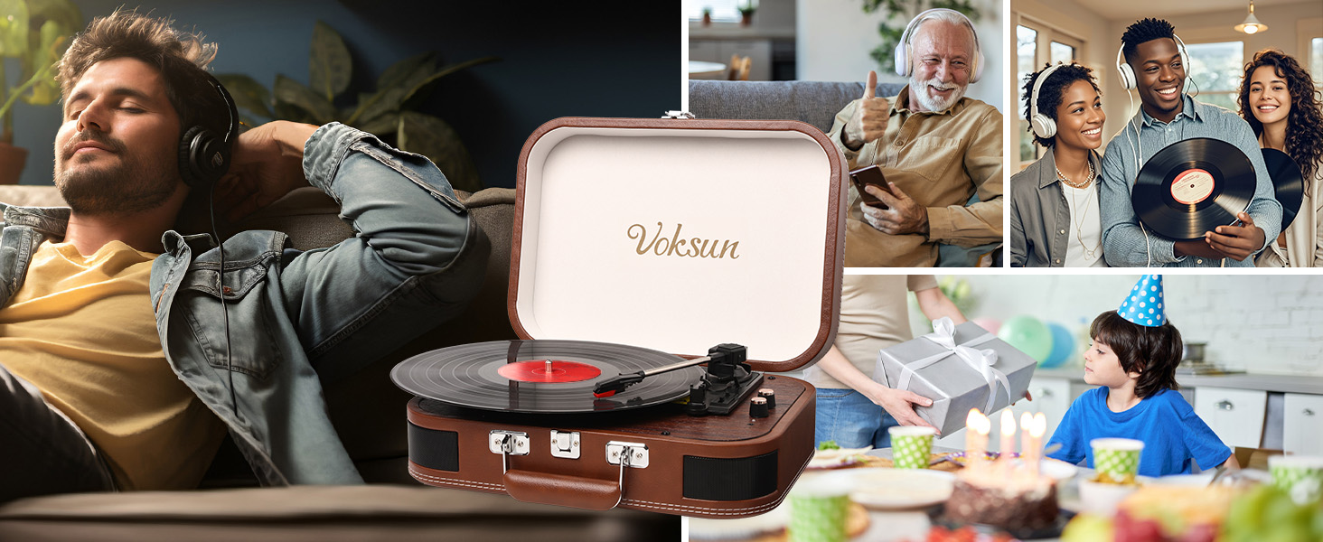 Вініловий програвач з динаміками і Bluetooth 5.4, USB, RCA/AUX, 33/45/78 об/хв, портативний ретро-кейс, коричневий