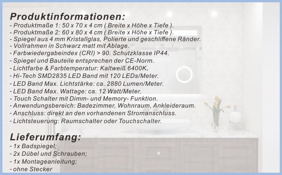 Дзеркало для ванної кімнати AQUABATOS LED 50x70 см з підсвічуванням, сенсорне керування, 6400K, IP44, CE, енергозберігаюче