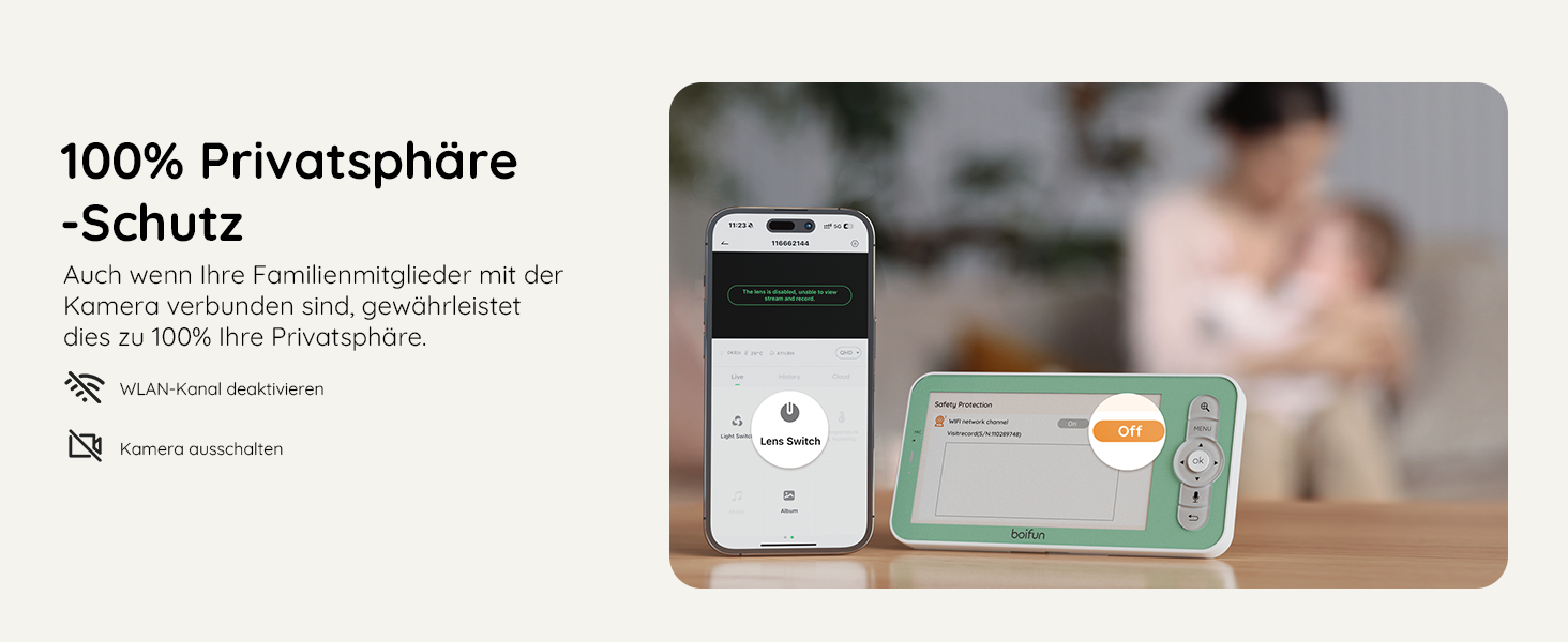 BOIFUN Додаткова камера для немовлят 6T 2K WiFi: відеоняня з нічником, датчиком руху/плачу/звуку, AI-відстеженням, датчиком температури та вологості, записом відео