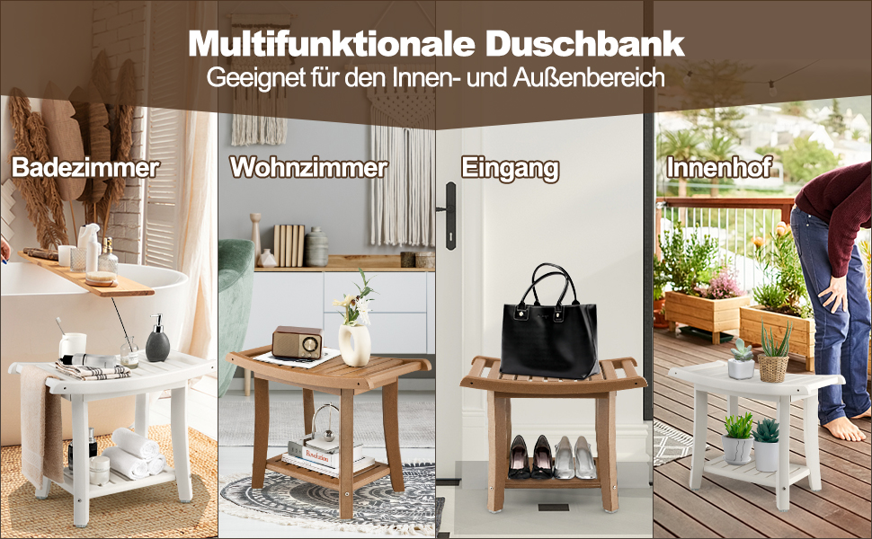 Двомісна душова лавка COSTWAY з полицею, 170 кг, біла. Душовий стільчик для дорослих та літніх людей, 60,5 x 34 x 48 см