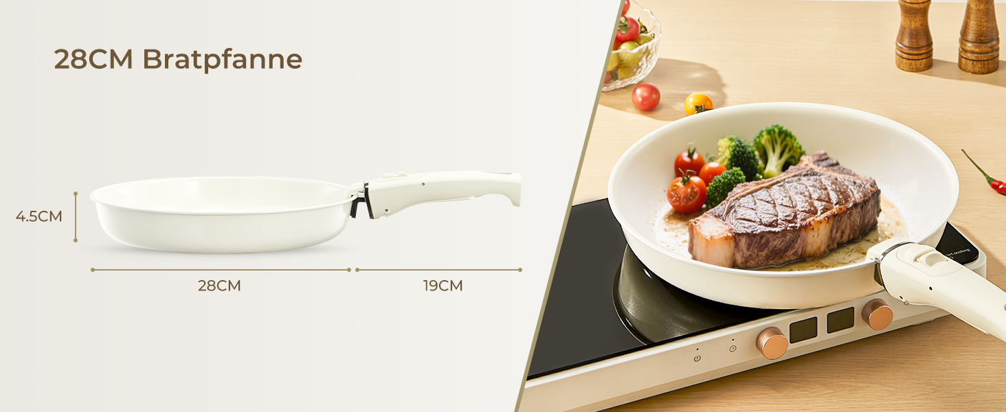 Набір посуду FOHERE 8 предметів: каструлі та сковороди з 2 знімними ручками, сковорода 20/28 см, каструлі 2.6/1.4 л, підходить для всіх плит (індукція), безпечний у духовці та посудомийній машині, бежевий