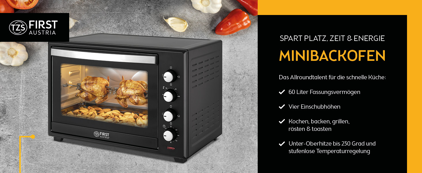 Міні-піч TZS First Austria 60L 2000W з регулюванням температури до 230°C, 6 режимів, таймер на 60 хв, 4 рівні встановлення, дека, решітка-гриль та вертулка