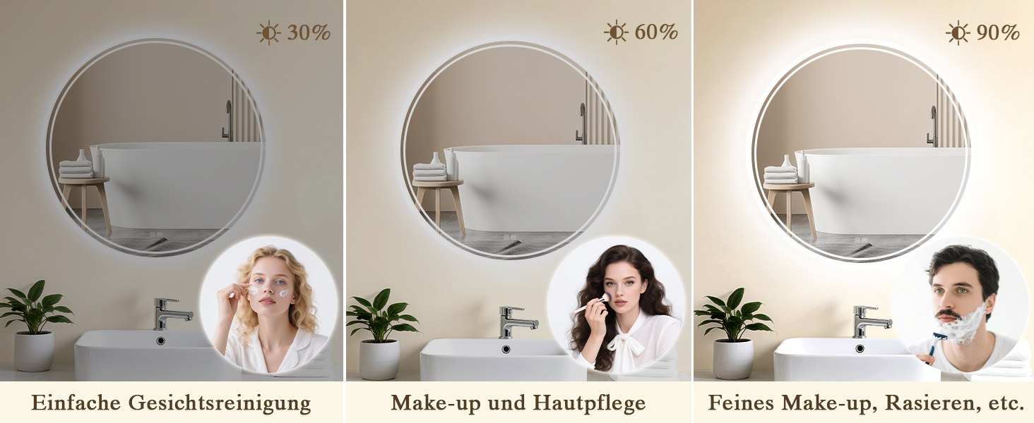 Дзеркало для ванної кімнати з підсвічуванням LED, кругле 50см, сенсорне керування, регулювання яскравості, функція пам'яті, дзеркало з HD склом, захист від вибуху, антизапотівальне покриття, 3 кольори світла, 70x70 см