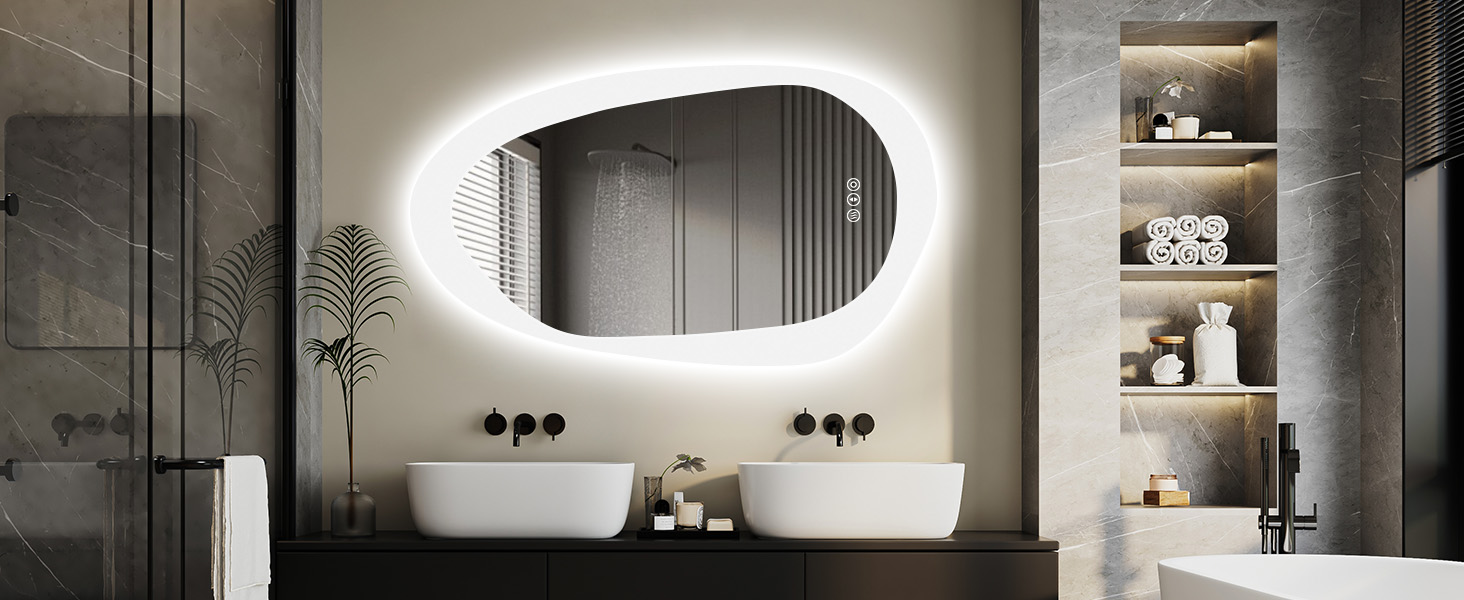 Дзеркало для ванної кімнати YOLEO з підсвічуванням 90x70 см, LED дзеркало з переднім та заднім освітленням, дзеркало з пам'яттю, 3 регульовані кольори світла, антизапар, (100L x 66B cm)