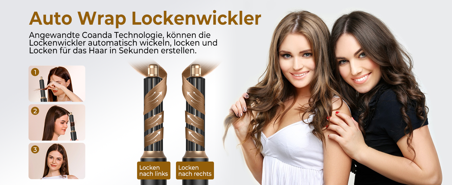 UKLISS Airstyler 5-в-1: Фен-щітка, стайлер для волосся з іонізацією, плойка, насадки для укладання (Чорний/Золотий)