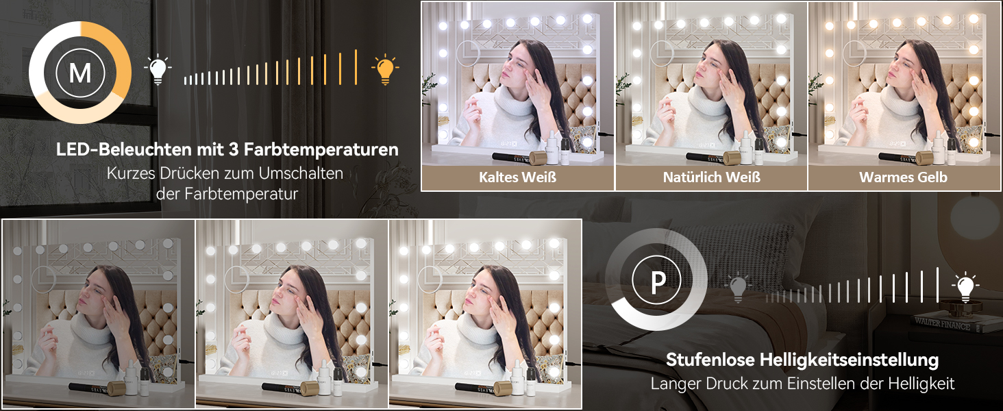 Дзеркало для макіяжу YU YUSING з підсвічуванням 58x45 см, 15 LED, 3 кольори, 10x збільшення, USB Type-C, для ванної кімнати та туалетного столика