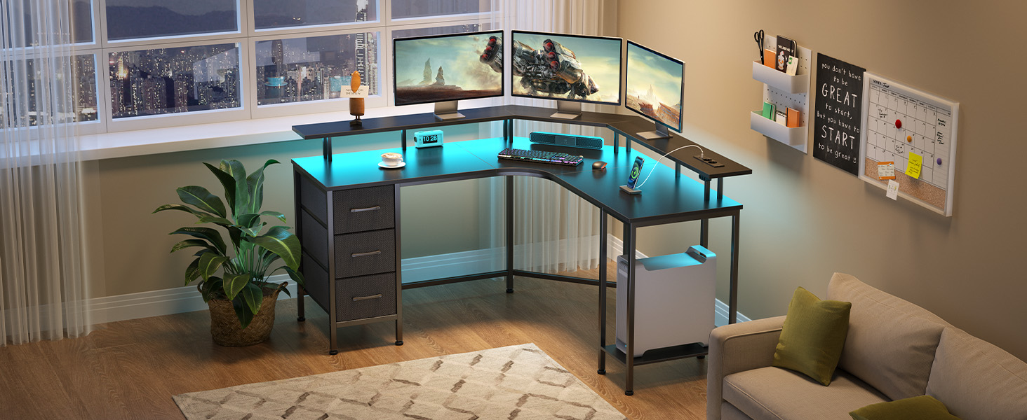 Ігровий кутовий стіл Seventable L-подібний з LED підсвіткою та розетками, 3 ящики, чорний 135x135x88 см