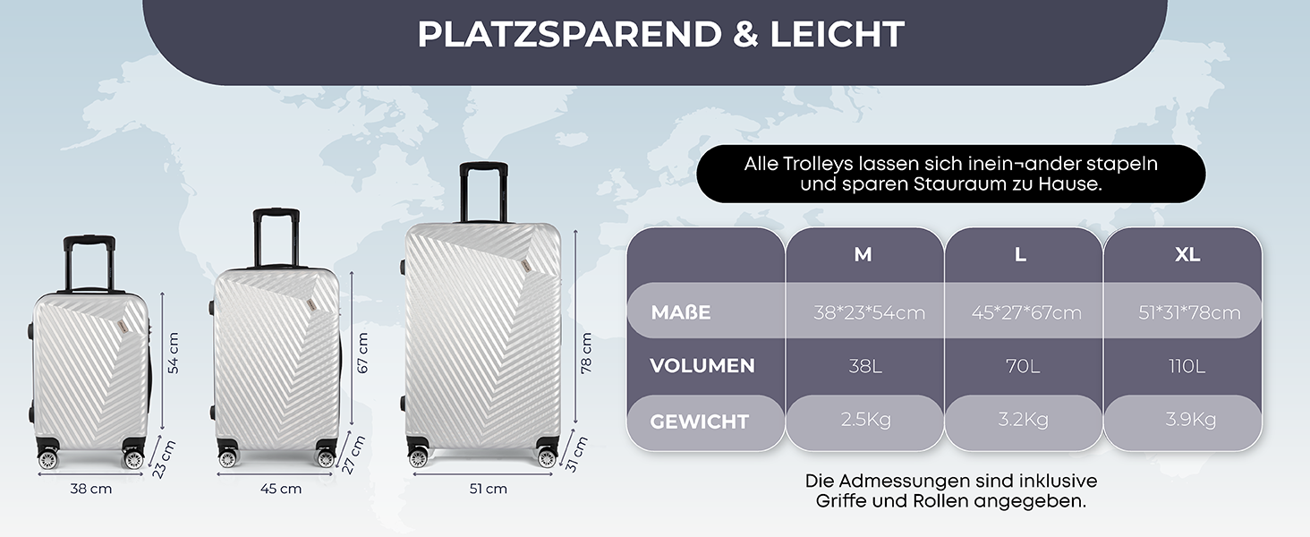 Набір валіз xRace 3-частинний ABS, 20/24/28 дюймів, ручна поклажа, TSA замок, 360° колеса, стійкий до ударів, преміум підкладка (срібний)