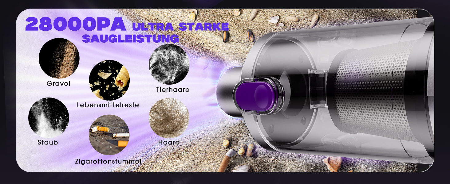 Бездротовий автомобільний пилосос Ortiny 28000Па, ручний міні-пилосос 4 в 1 з безщітковим двигуном та самоочищенням контейнера, для авто, дому та кухні, сріблясто-фіолетовий