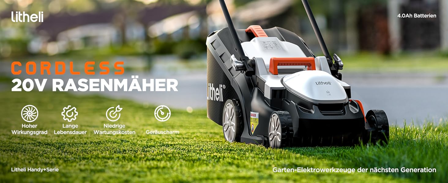 Акумуляторний газонокосарка Litheli 20V, ширина косіння 33 см, до 200 м², об'єм кошика 30 л, висота косіння 25-65 мм, з акумулятором 4.0 Ah