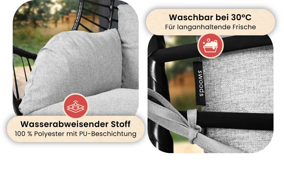 Крісло-гойдалка Swoods XXL з металевим каркасом – для дому та вулиці. Яйцеподібне крісло-гойдалка з подушкою, до 150 кг (темно-сірий, світло-сірий)