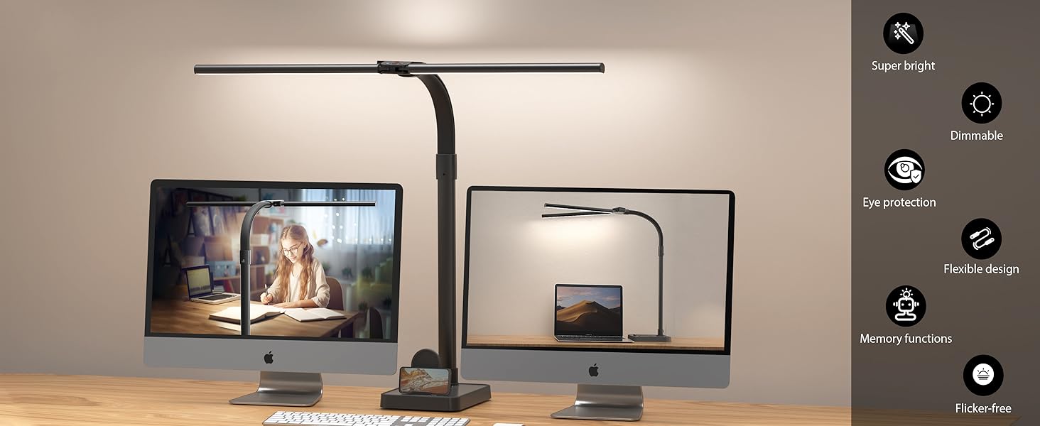 LED настільна лампа LOTTBUTY з гнушим шийкою, 24W, 80см, для офісу та дому, з підставкою для телефону (чорний)