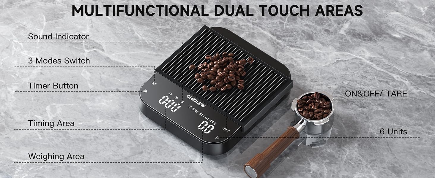 Електрична кавова вага CHICLEW з таймером, 3 кг/0,1 г, для еспресо та Pour-Over, 3 режими, 6 одиниць вимірювання, портативна, з датчиком сили тяжіння, чорна