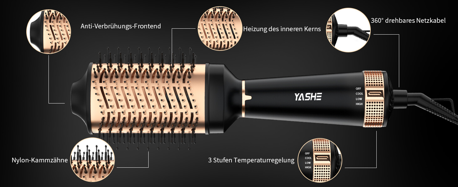 Щітка з теплим повітрям YASHE 4-в-1, щітка для сушіння феном 1200 Вт для швидкого сушіння та укладання волосся, для будь-якої довжини волосся